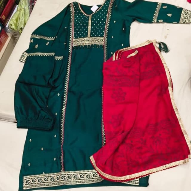 Dark Green and Red Salwar Kameez