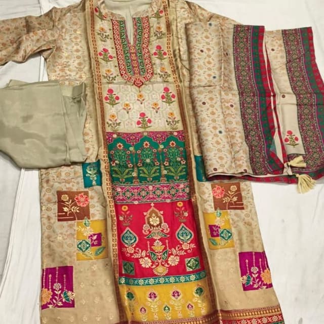 Beige, Pink, Green, Yellow, Multicolored Salwar Kameez Suit