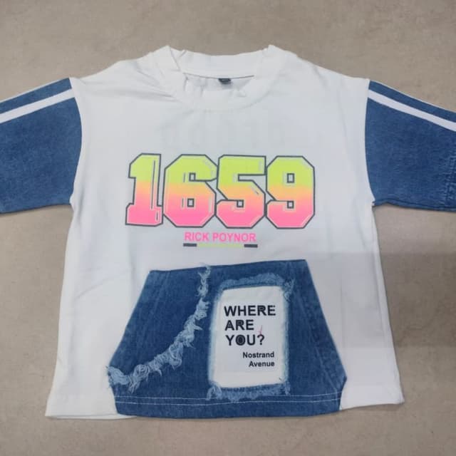 White base with a multi-colored gradient graphic (yellow to pink) and blue denim-texture accent T-shirt