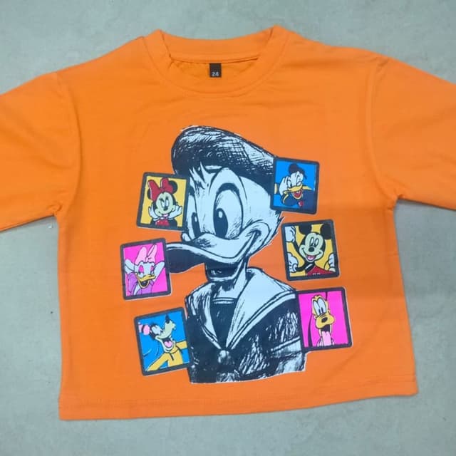 Orange base with multi-colored Disney character prints T-shirt