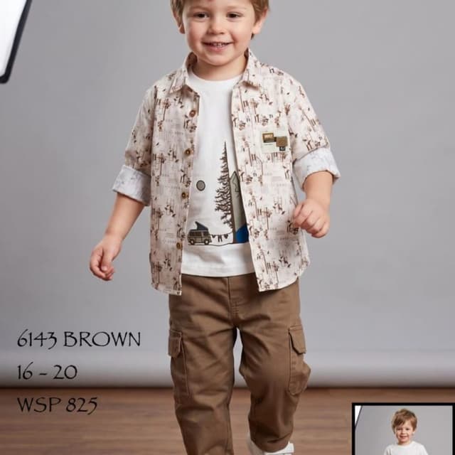 Beige, Brown, White, Earth Tones Three-piece outfit set (Shirt, T-shirt, Cargo Pants)