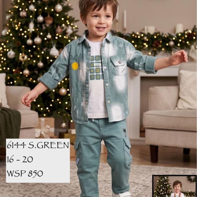 Sage green, white, yellow Boys Co-ord Set (Shirt and Cargo Pants)