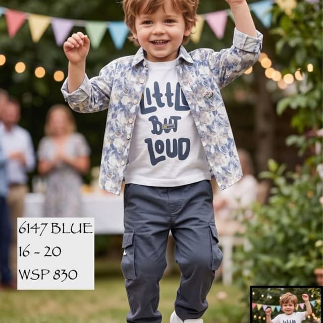 Blue, White, Grey Three-piece outfit (shirt, t-shirt, cargo pants)