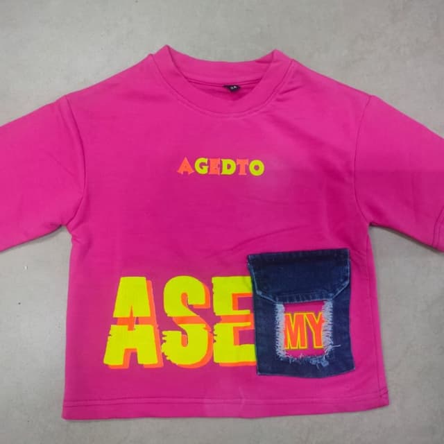Hot pink, bright yellow, orange, and deep denim blue T-shirt