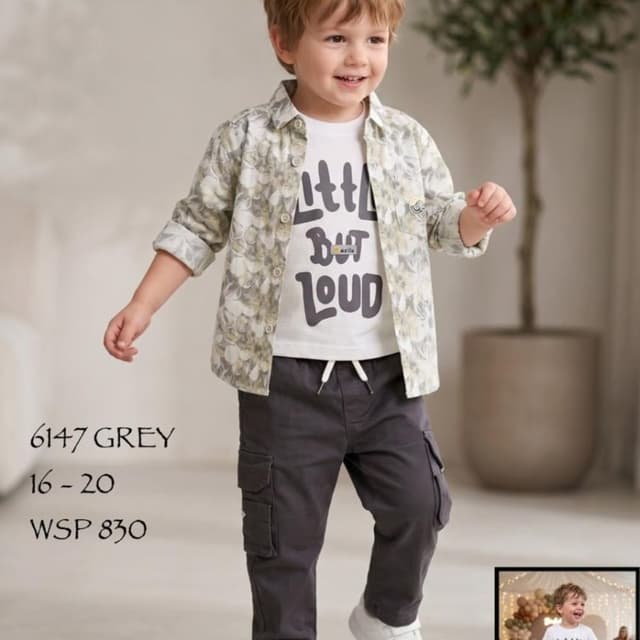 White, Sage Green, Grey Boys 3-piece set (shirt, t-shirt, cargo pants)