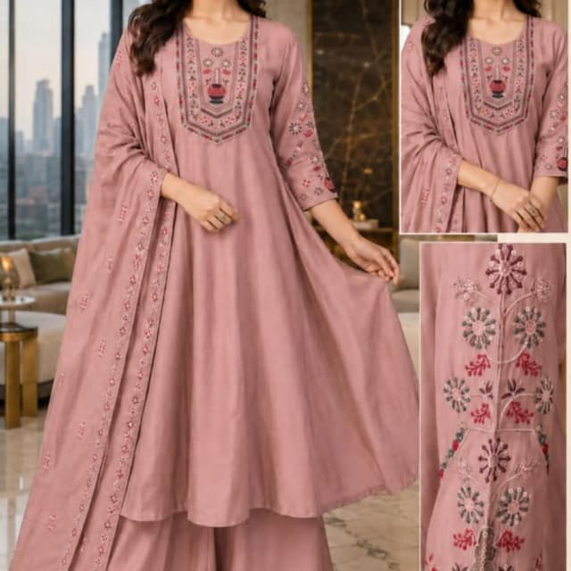Dusty Pink, muted multicolor accents 3-piece Plazo Set