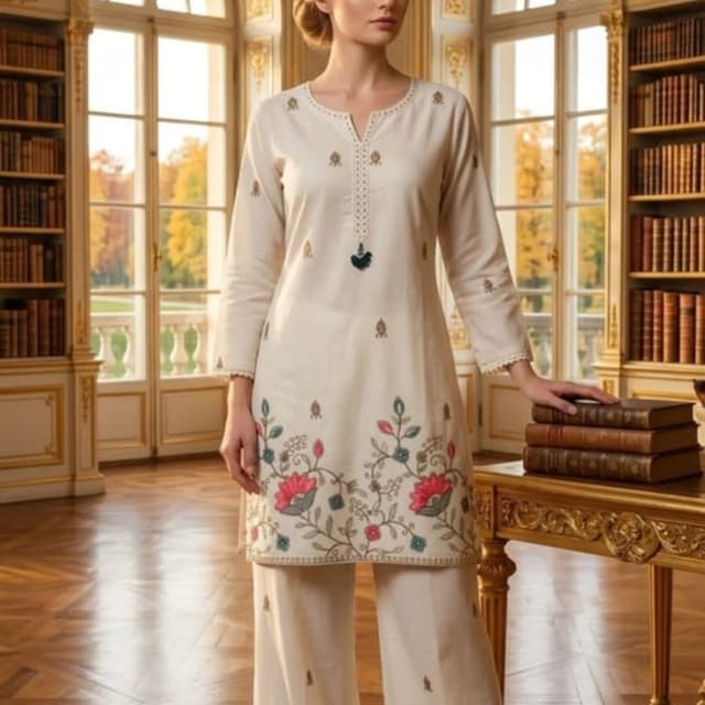 Off-white base with pink, teal, and sage green floral embroidery Kurta Set