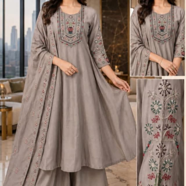 Grey base with multi-colored embroidery (red, green, blue) 3-piece Ghero Plazo Set