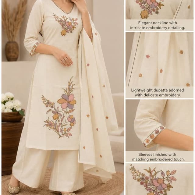 Off-white base with multicolor pastel floral embroidery (pink, orange, green, yellow) 3-Piece Salwar Suit Set (Kurta, Palazzo, Dupatta)