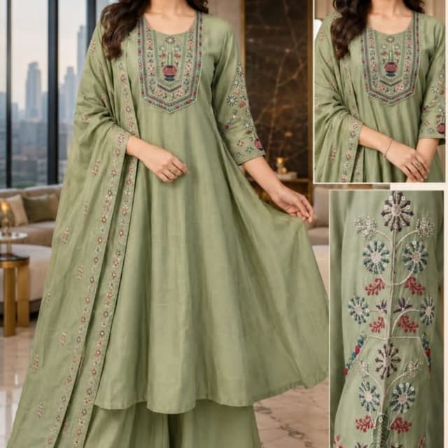 Sage green with multi-colored thread embroidery in maroon, purple, and teal 3-piece Ghero Plazo Set