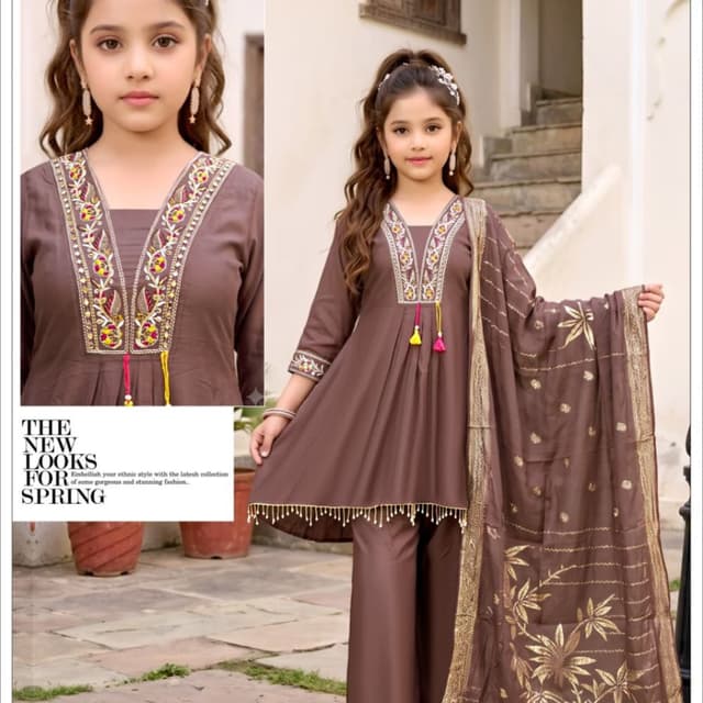 Brown with multi-colored embroidery and gold accents Kurti with Pant and Dupatta set