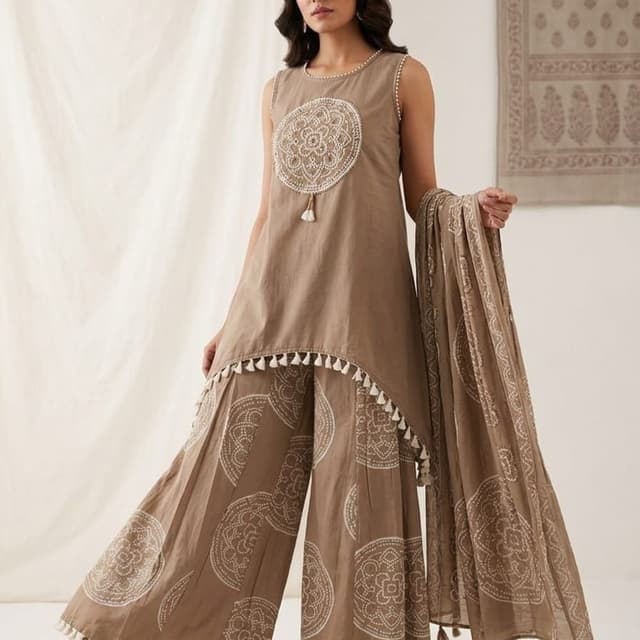 Taupe brown with cream white prints Kurta set with palazzo and dupatta