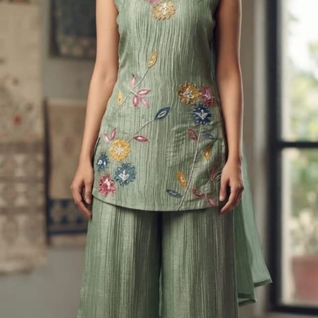 Sage green base with multi-color floral embroidery including yellow, pink, blue, and brown tones Co-ord Set (Kurta and Palazzo)