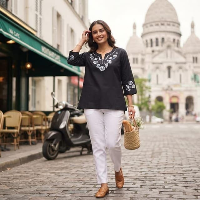 Black top with white and blue floral embroidery, white pants Kurti and pants set