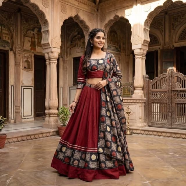 Maroon, Black, Beige, and Gold Lehenga Choli