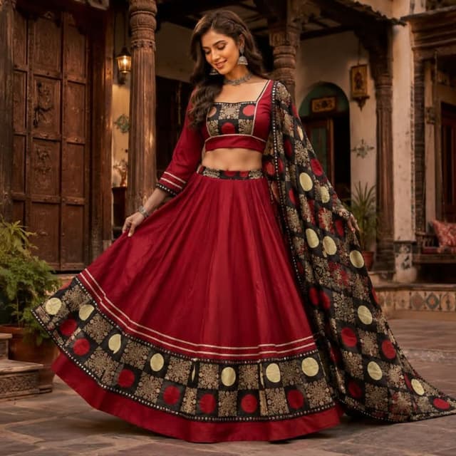 Deep maroon, black, and metallic gold Lehenga Choli