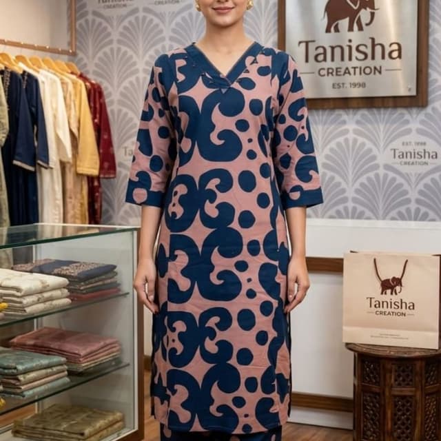 Dusty Pink and Navy Blue Kurta Set