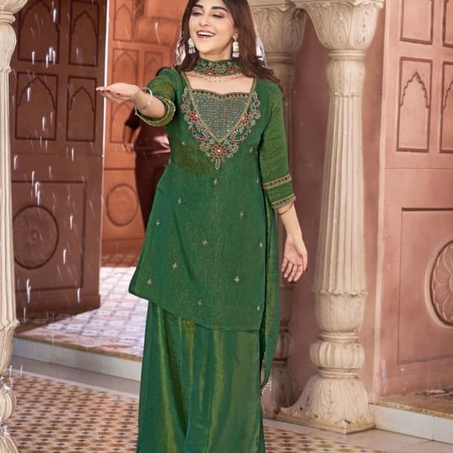 Emerald Green with accents of Gold, Red, and Multi-colored thread work Kurti with Palazzo set