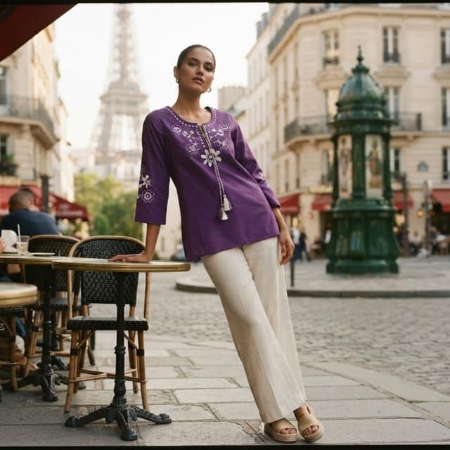 Deep purple tunic with white embroidery and off-white/beige trousers Kurti with trousers