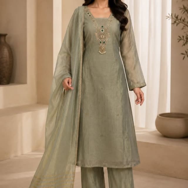 Sage green, muted olive green, gold accents Salwar Kameez set