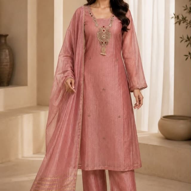 Dusty rose or muted pink with gold metallic accents Salwar Kameez Set