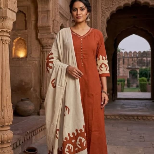 Rust brown and off-white/cream Kurta Set with Dupatta