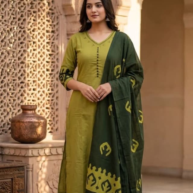 Olive green and dark bottle green Kurta Set with Dupatta