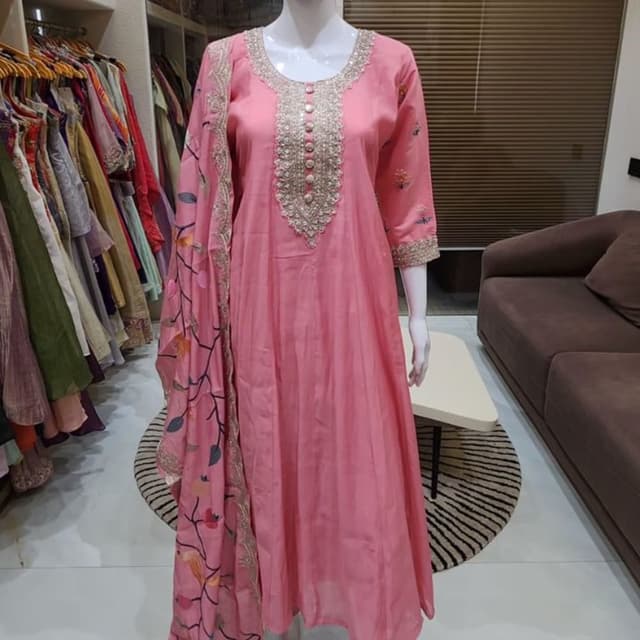Pastel Pink base with metallic gold/silver accents and multi-colored floral embroidery on the dupatta Anarkali Kurta Set with Dupatta
