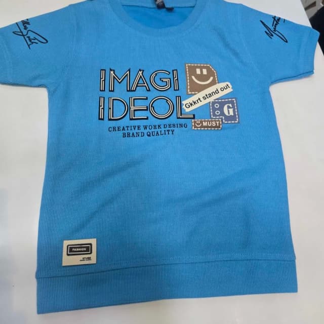 Bright sky blue with white, tan, and dark blue accents T-shirt
