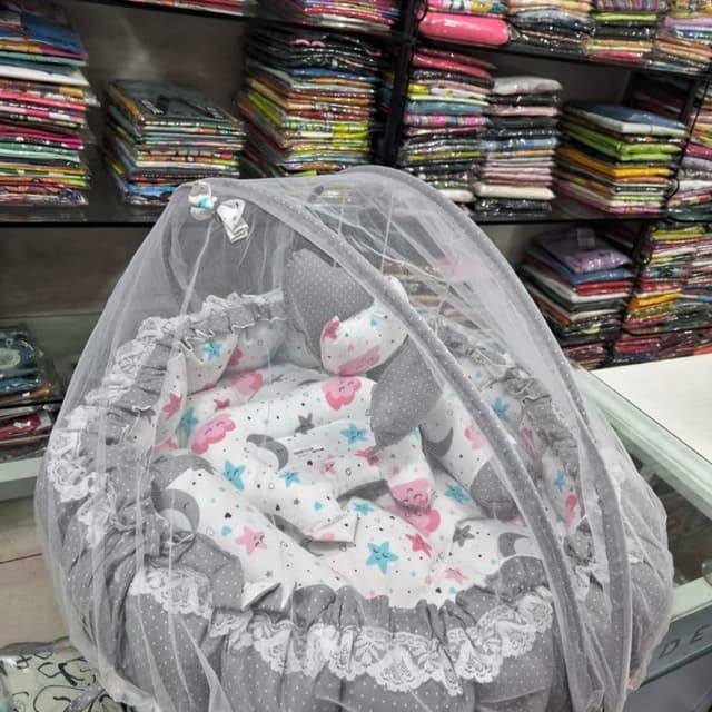 White, Grey, Pink, Light Blue Baby Bed with Mosquito Net