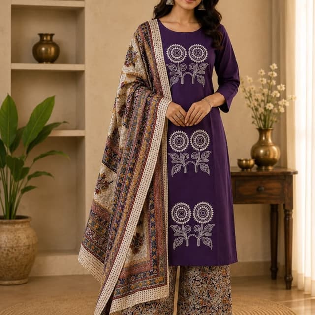 Deep purple base with off-white, mustard, and multi-colored floral accents on the dupatta and bottoms Salwar Kameez set with dupatta