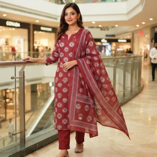 Deep Maroon and White Kurta Set with Dupatta