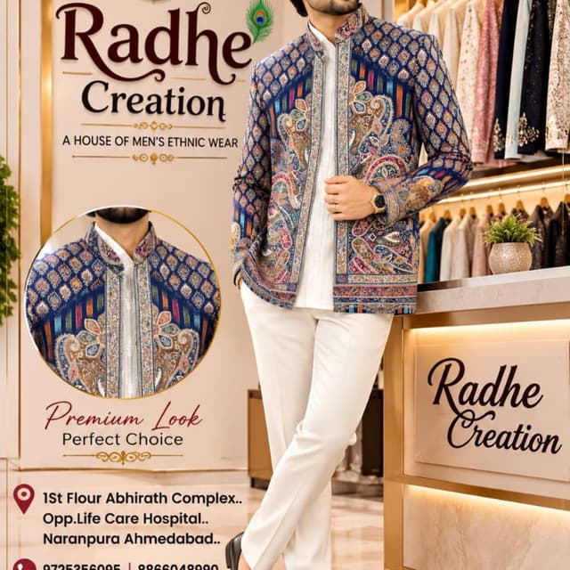 Deep blue base with multi-colored accents of gold, red, orange, and green Jodhpuri-style Nehru jacket paired with shirt and trousers