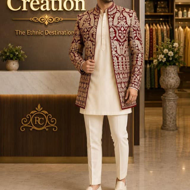 Maroon and Off-white Indo-Western Sherwani Set