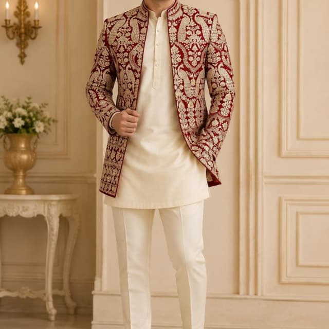 Maroon and Beige/Off-White Sherwani/Jodhpuri Set