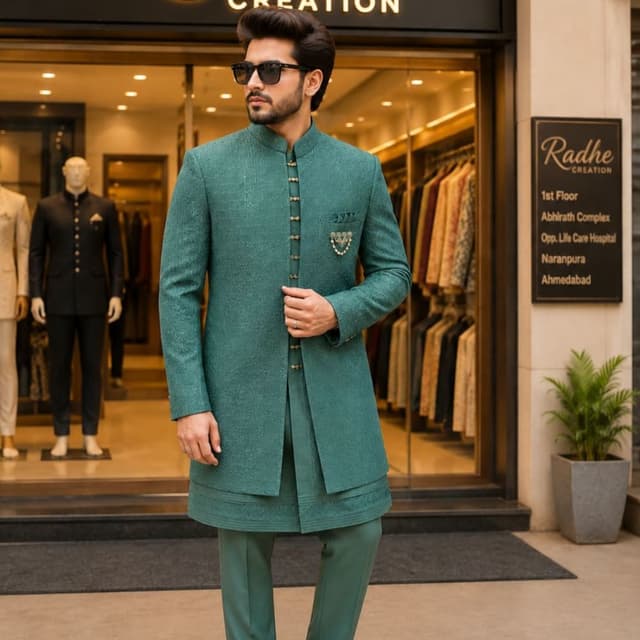 Teal Green Indo-Western Sherwani Set