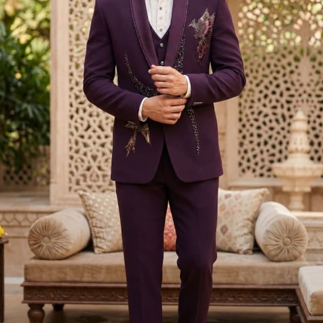 Deep purple blazer and trousers with off-white shirt Indo-Western Suit