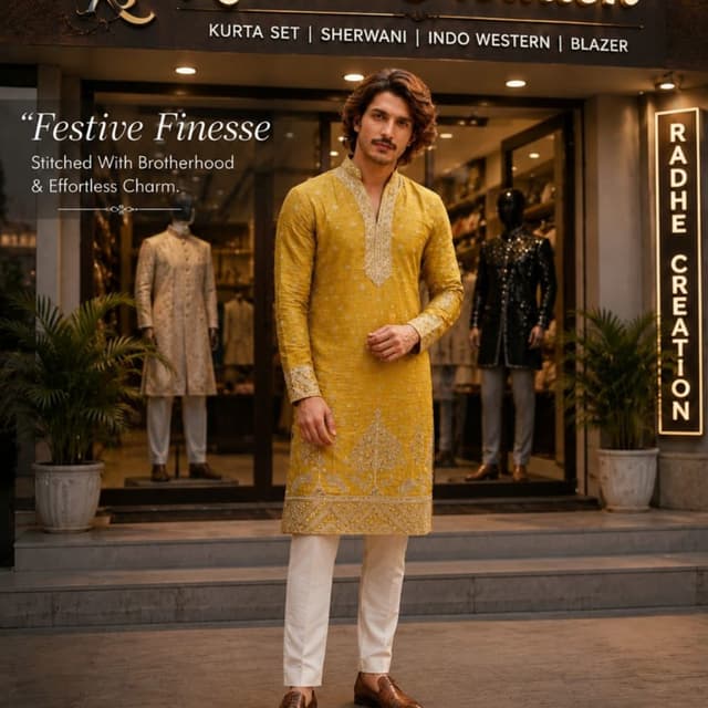 Mustard Yellow and Off-White Kurta Set