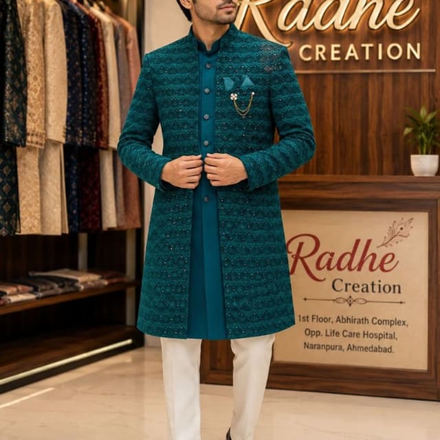 Teal, deep blue-green, and white Indo-Western Sherwani set