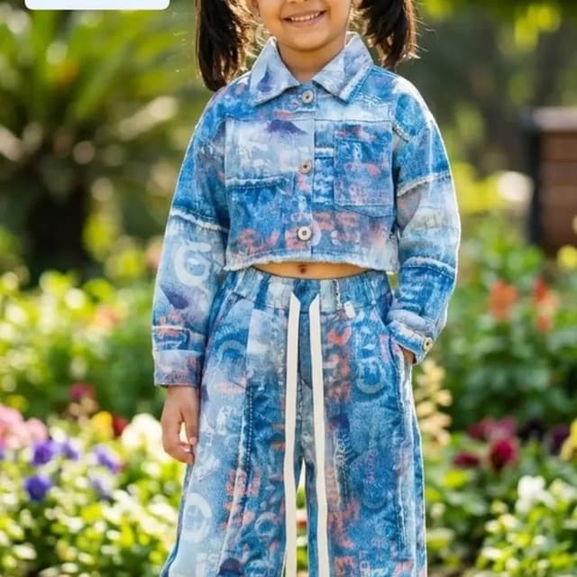 Blue, White, and hints of Orange or Pink Two-piece set (Crop Jacket and Wide-leg Trousers)