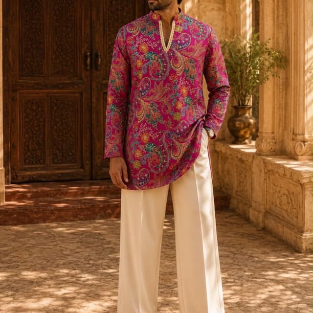 Magenta base with multi-colored paisley and floral prints in teal, orange, gold, and pink, paired with cream trousers Kurta with Trousers