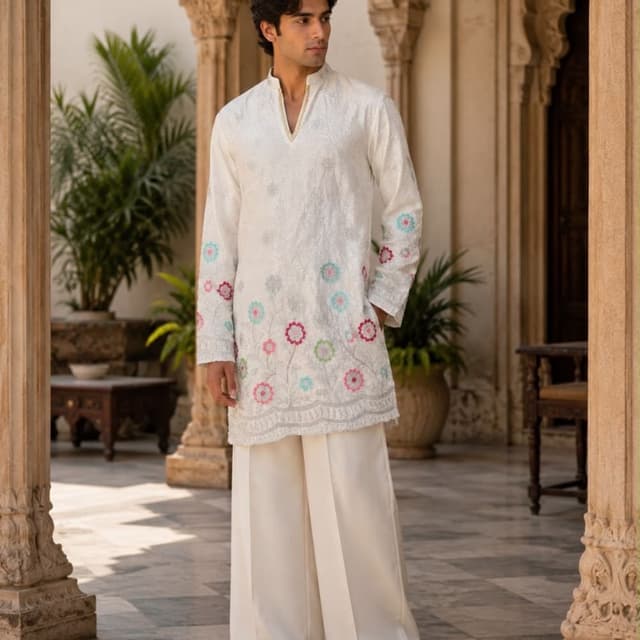 Off-white base with pastel pink, turquoise, and green floral accents Kurta with wide-leg trousers