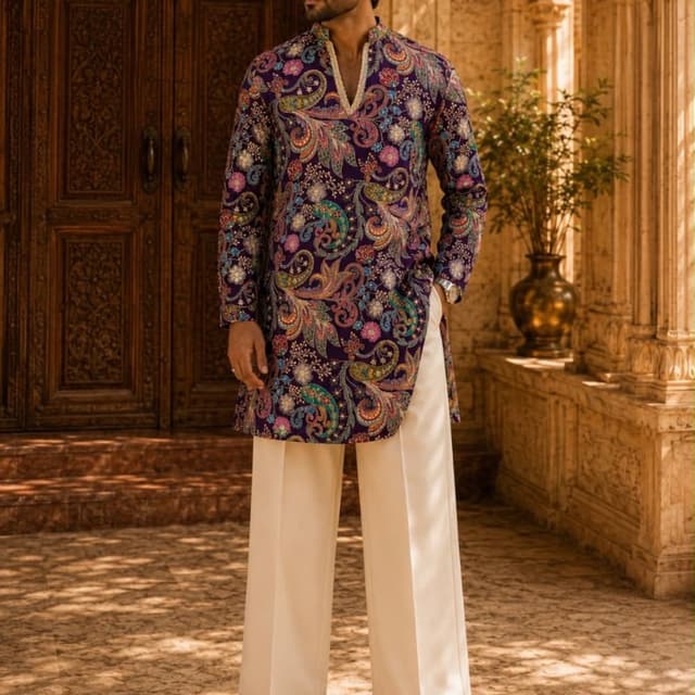Deep purple base with multi-colored floral and paisley print in pink, blue, teal, orange, and white Kurta with Trousers