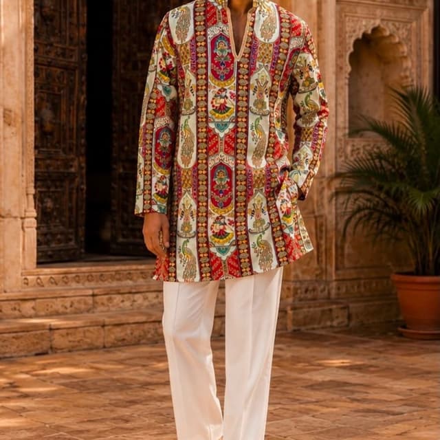 Multicolor featuring deep red, cream, mustard yellow, and teal accents Kurta with Trousers