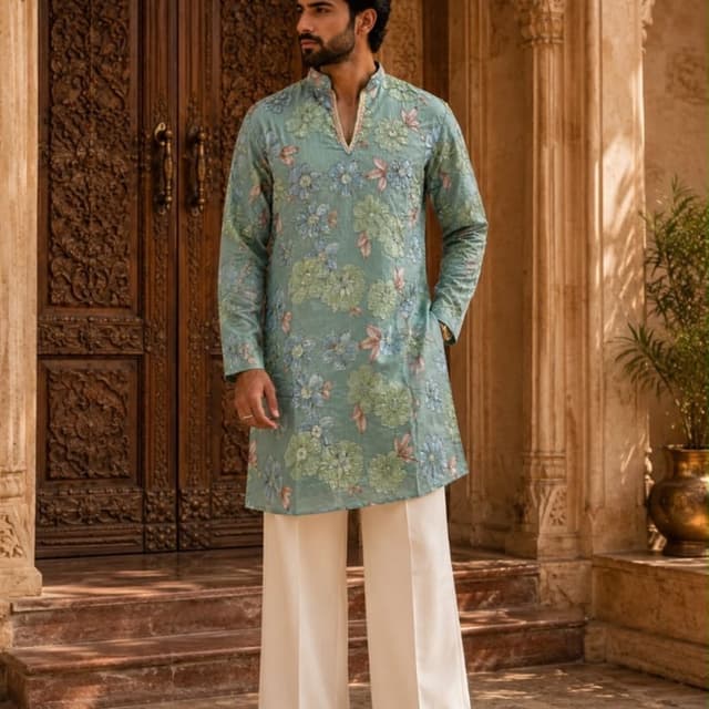 Sage green, seafoam, ivory, and hints of muted pink Kurta with Trousers