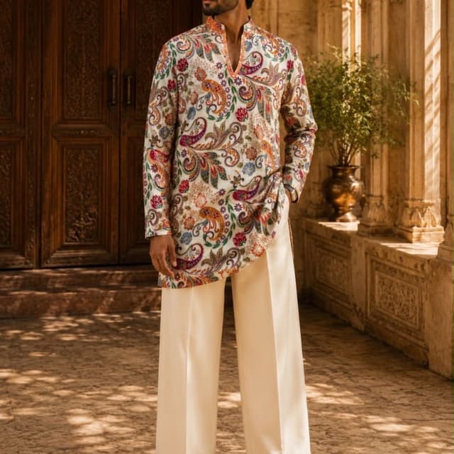 Off-white base with multi-colored paisley and floral print in shades of red, green, blue, yellow, and orange Kurta with Trousers