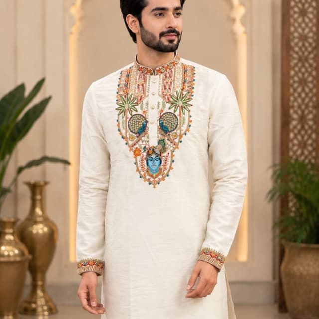 Off-white, multicolor embroidery (blue, green, orange, red) Kurta