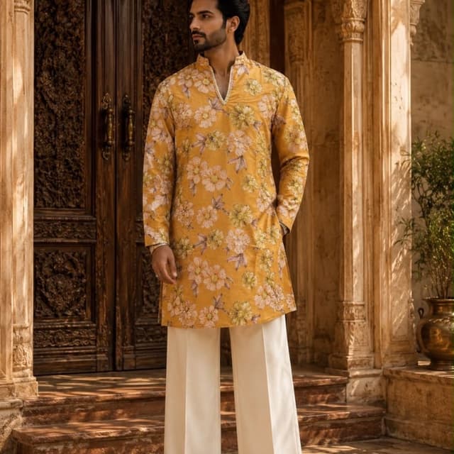 Mustard Yellow, White, Pale Green, Muted Brown Kurta with Trousers