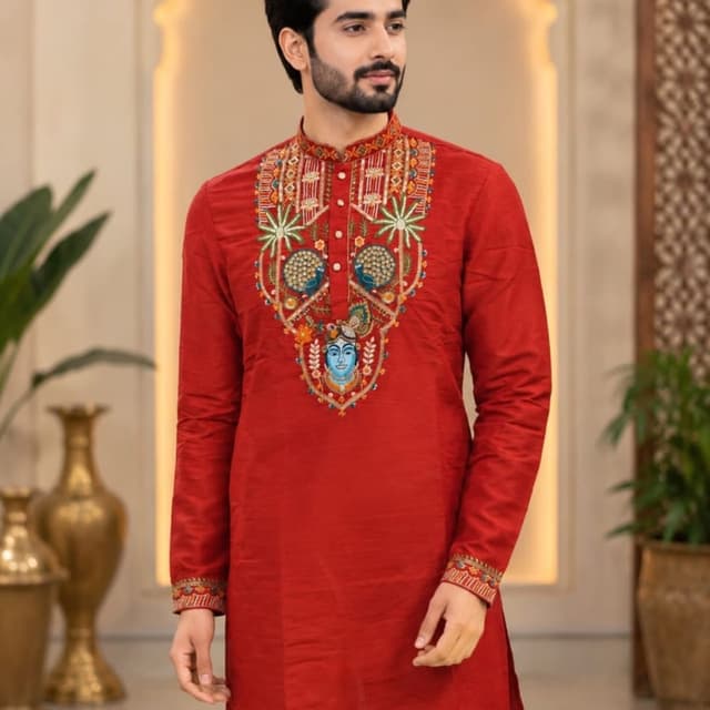 Deep red base with multi-colored embroidery (blue, orange, green, yellow, white) Kurta