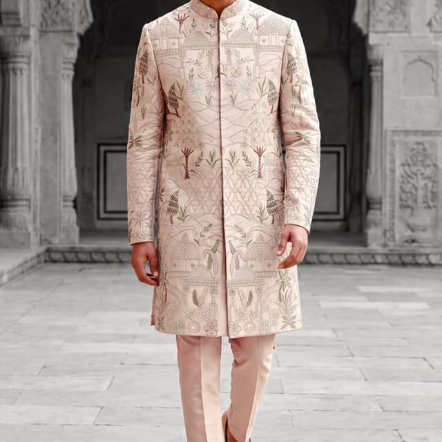 Light pink, blush, pastel peach, subtle sage green Sherwani